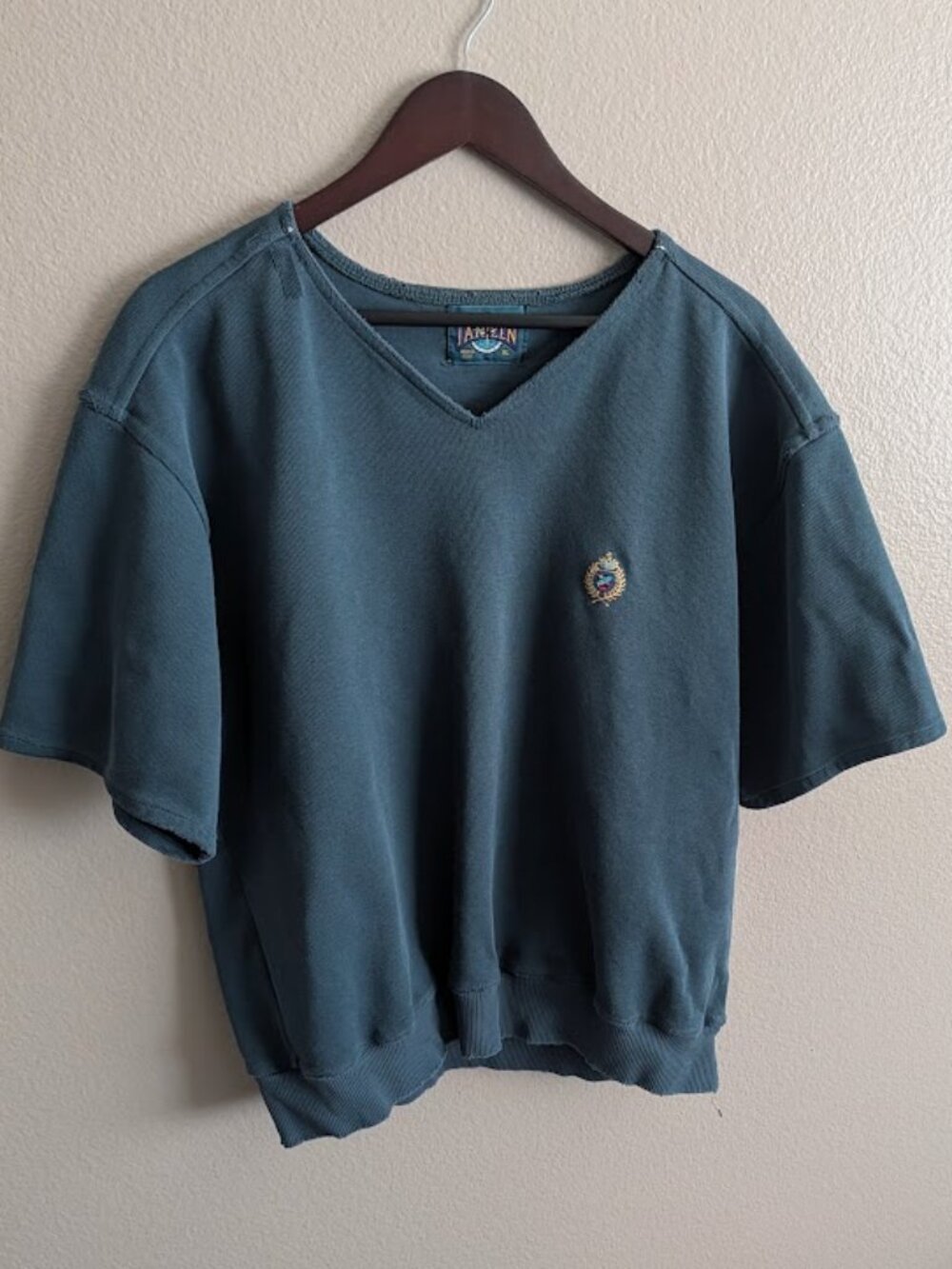 Vintage USA Jantzen Sweatshirt XL Slate Teal V-Neck Short Sleeve Boxy 90s Grunge